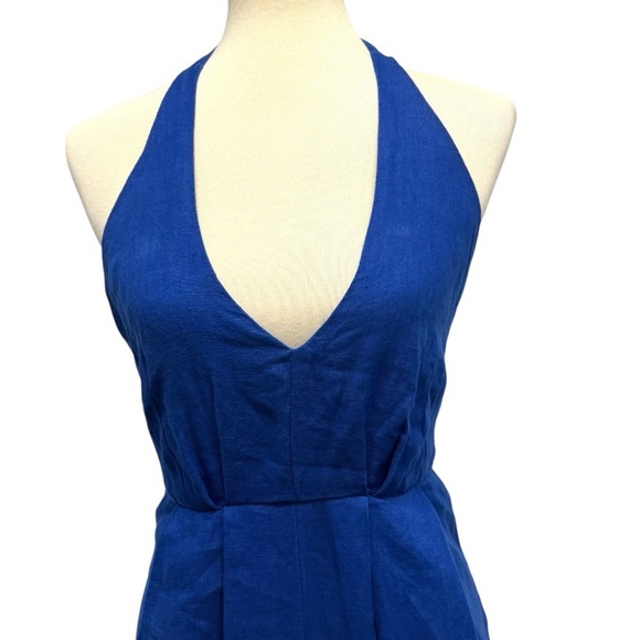 Farm Rio Blue Linen Halter Back Wide Leg Pleated Jumpsuit Women’s XS - Picture 3 of 16